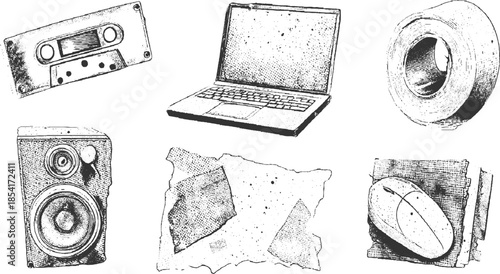 Hand drawn of retro audio cassette tape laptop speaker roll of tape and computer mouse
