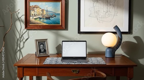 Modern home office setup with laptop and decorative items