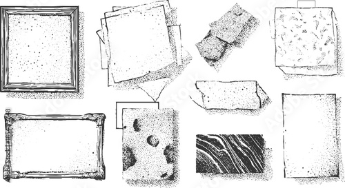 Collection of black and white ink drawn frames papers and textures