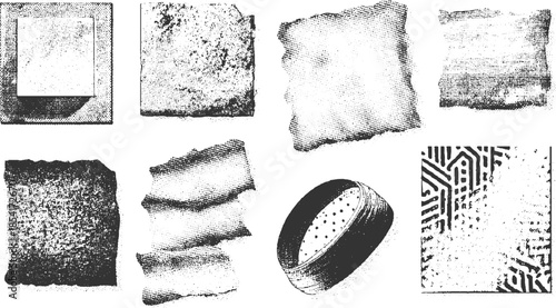 Collection of eight black and white textured including squares torn paper shapes and a sieve