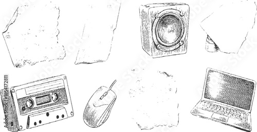 Vintage audio speaker cassette tape computer mouse and laptop