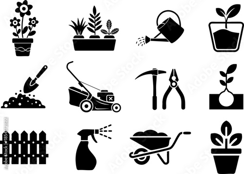 Modern Black Vector Gardening Icons Set with Flower Pot, Watering Can, Shovel, and Lawn Mower