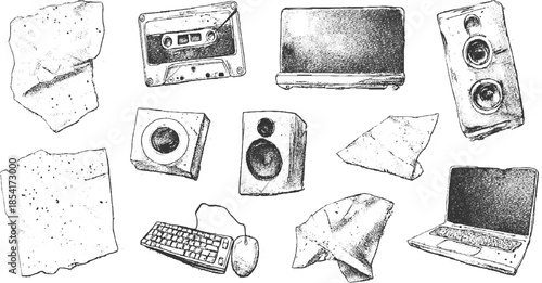 Hand drawn of vintage audio equipment and computer peripherals cassette tape player speaker