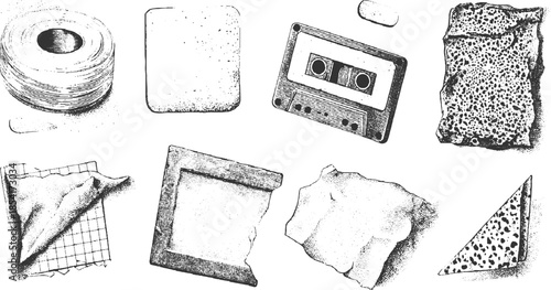 Collection of vintage and textured paper scraps in black and white stipple tape roll cassette audio
