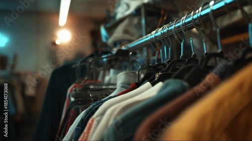 Colorful clothing hanging on rack in vintage thrift store  