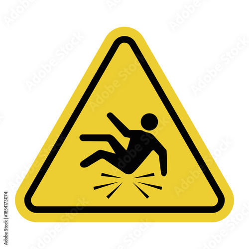 Fall hazard. Yellow warning road sign. High fall risk area. Observe safety precautions and proceed with caution. Dangerous area.