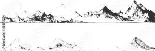 Panoramic view of jagged black and white mountain ranges with sharp peaks and textured slopes
