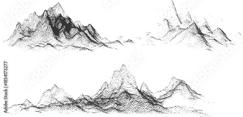 Wireframe mountain range landscape in black and white