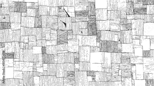 Black and white abstract pattern of irregular rectangles with varied line textures