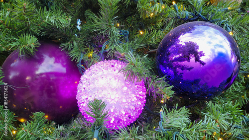 Close-up of three purple Christmas ornaments nestled among the green needles of a Christmas tree, which is also adorned with small, warm white or yellow lights.