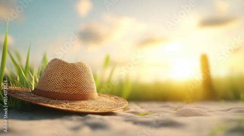 Straw hat on sandy beach at golden sunset with green grass