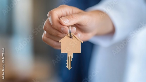 Close-up of a hand holding a house key shaped like a home symbolizing real estate or new home