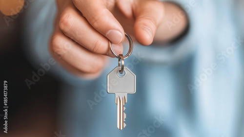 Close-up of caucasian adult holding house key with blue background