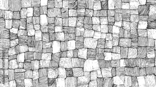 Black and white hand drawn abstract pattern of textured squares and rectangles background