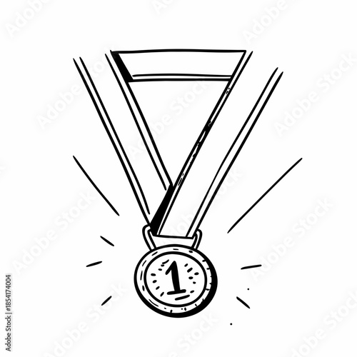 Gold medal on ribbon with number one illustrated in sketch style  
