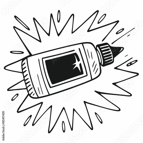 Glue bottle with splash effect in black and white illustration  