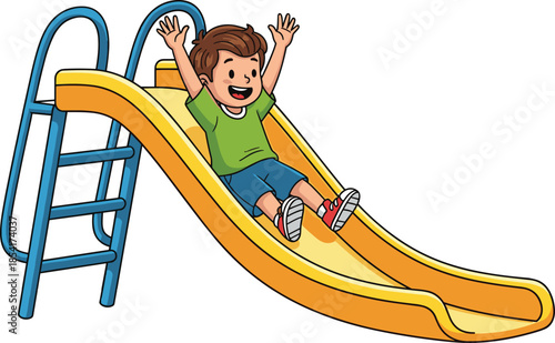 Cartoon child sliding down playground slide with joyful expression, outdoor fun, summer activity, colorful equipment, happy moment - flat vector illustration