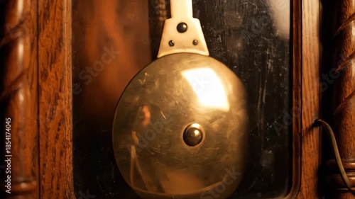 The pendulum of an antique grandfather clock swinging slowly. Rhythmic mechanical motion with warm lighting. Timeless concept