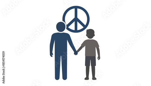 Illustration of a father and son holding hands with a peace symbol above them.