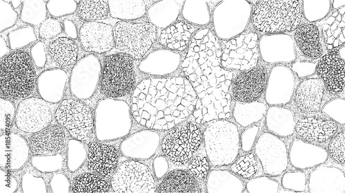 Black and white of irregular shaped stones with varied textures and patterns rock background