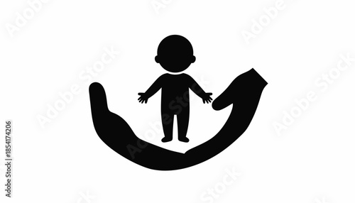 Child in caring hands vector illustration for protection and support.