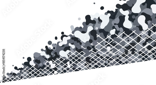 Abstract monochrome pattern of organic shapes dissolving into a geometric grid on a white background, creating a dynamic visual effect.