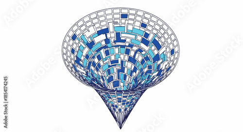 Abstract geometric shape resembling a funnel or vortex with a mosaic of blue and white squares against a white background.