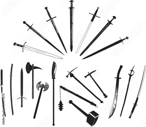 Assortment of historical medieval weapons and swords
