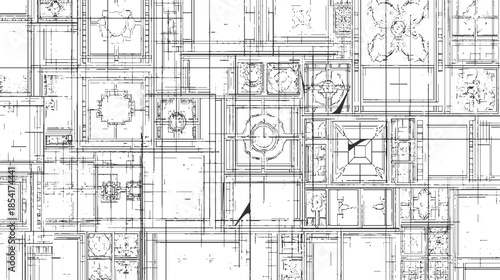 Black and white architectural blueprint grid with detailed floor plan line