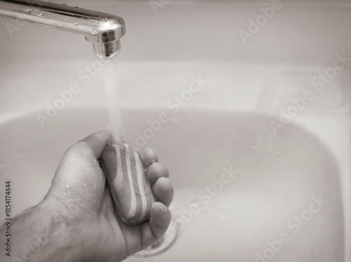 male hand with the soap under water tap in wash-sink