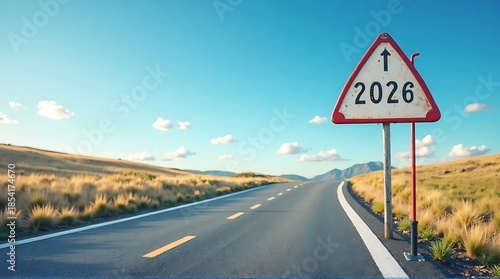 Road sign with 2026 up arrow on long open highway in rural landscape