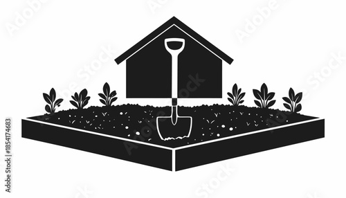 Illustration of a garden bed with plants, soil, shovel, and shed.