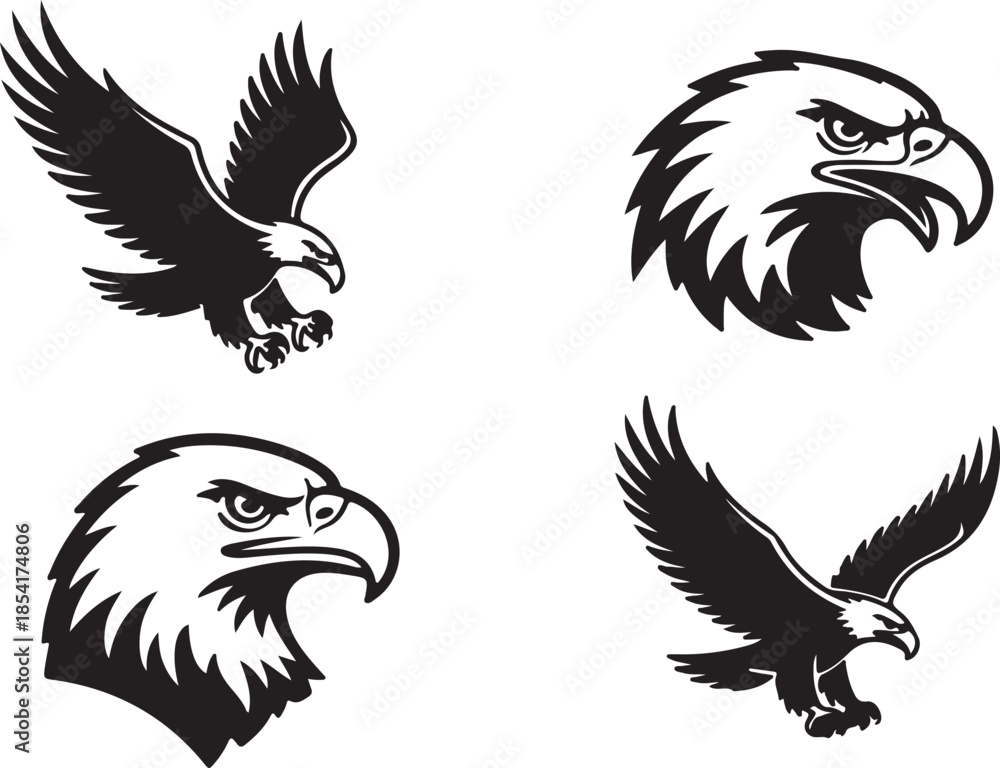 Fototapeta premium A collection of black and white illustrations featuring flying eagles and detailed majestic eagle heads