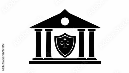 Courthouse building with shield and scales of justice vector illustration.