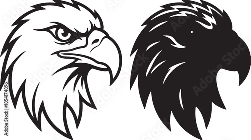 A detailed bald eagle head outline next to a solid black silhouette facing right on white