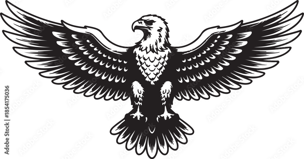 Obraz premium Black and white graphic illustration shows a powerful bald eagle with its wings majestically spread wide