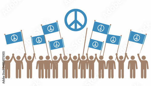 Group of people holding peace flags and symbol in a demonstration.