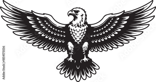 Black and white graphic illustration shows a powerful bald eagle with its wings majestically spread wide