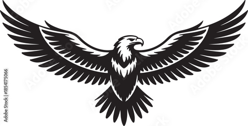 Bold black silhouette of a powerful eagle with its expansive wings fully open in flight