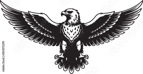 Impressive black and white illustration of a bald eagle with powerful outstretched wings and detailed feathers