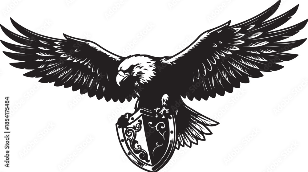 Fototapeta premium Powerful black and white graphic showing a majestic eagle proudly clutching an ornate heraldic shield