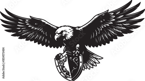 Powerful black and white graphic showing a majestic eagle proudly clutching an ornate heraldic shield