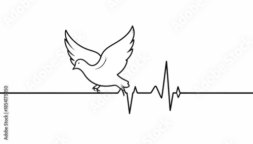 Dove with heartbeat line art illustration on white background.