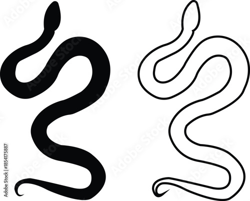 Black snake icon set in flat and line style, serpent silhouette and outline collection featuring coiled, crawling and abstract snake shapes, minimal monochrome vector graphic group