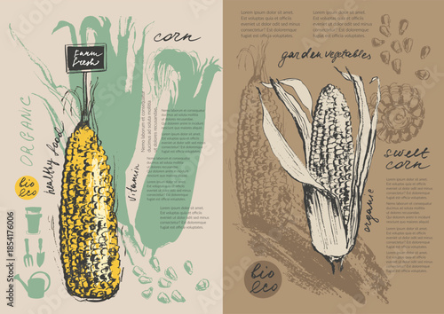 Hand drawn ink corn vegetable sketches set. Food drawings for labels and packaging.