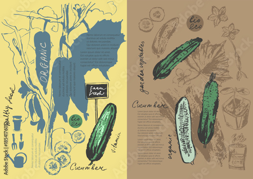Hand drawn ink cucumber vegetable sketches set. Food drawings for labels and packaging.