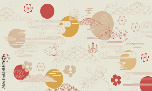 Cute seamless vector pattern set with Easter eggs, pink floral decoration, and spring nature illustration design