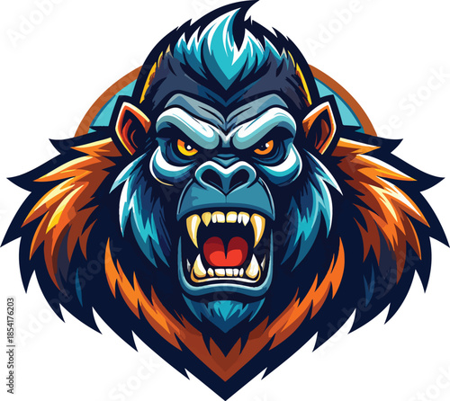 A vibrant digital illustration of a gorilla's head with a fierce expression, featuring a single logo esport design in bold blue, orange, and black hues. Great for esport logos, gaming