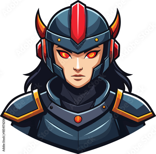 A cartoon illustration of a male warrior wearing a devil horn helmet and armor with red eyes, presented on a white background. Great for gaming, esport designs, and fantasy artwork.