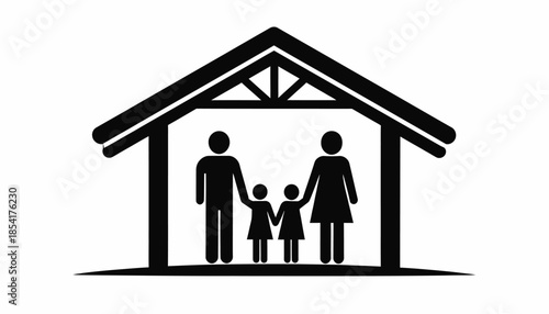 Family of four standing inside a house icon.